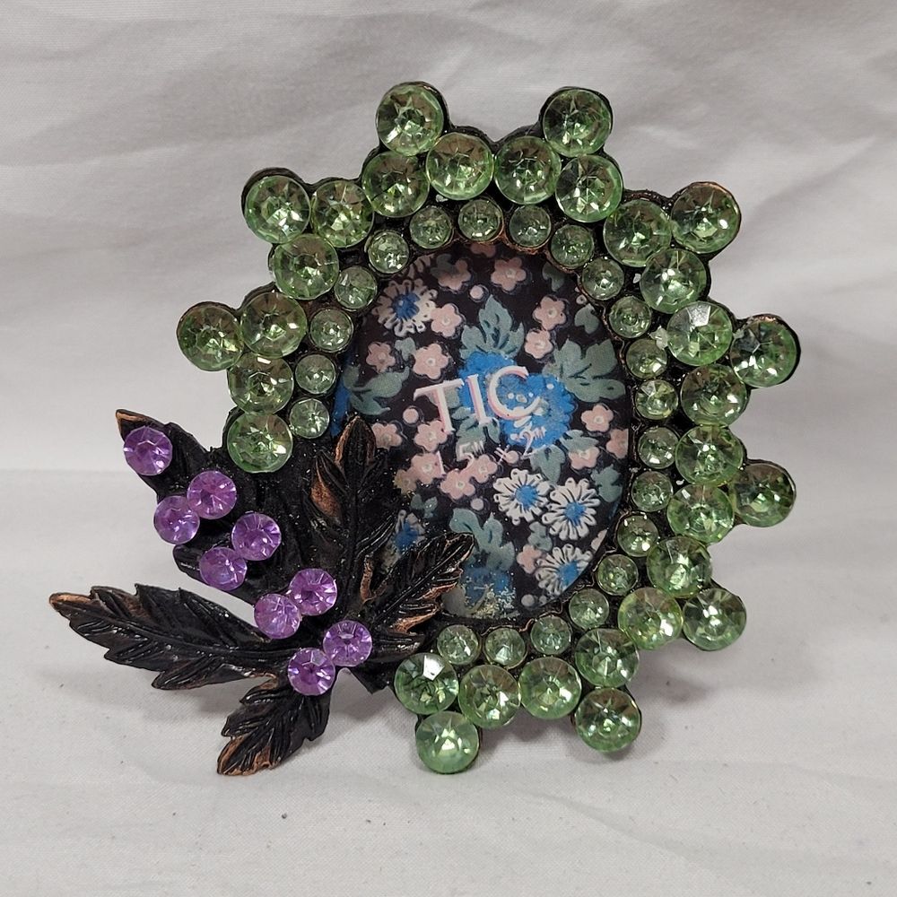 Vintage TIC Oval Leaf Shape Green Purple Rhinestone Photo Frame